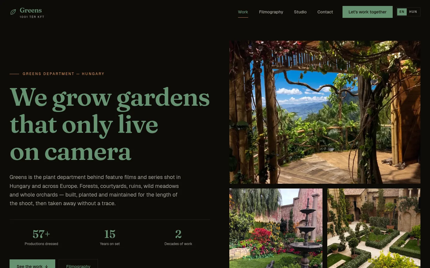 Screenshot of the 1001ter.hu homepage showing a garden built on a film set