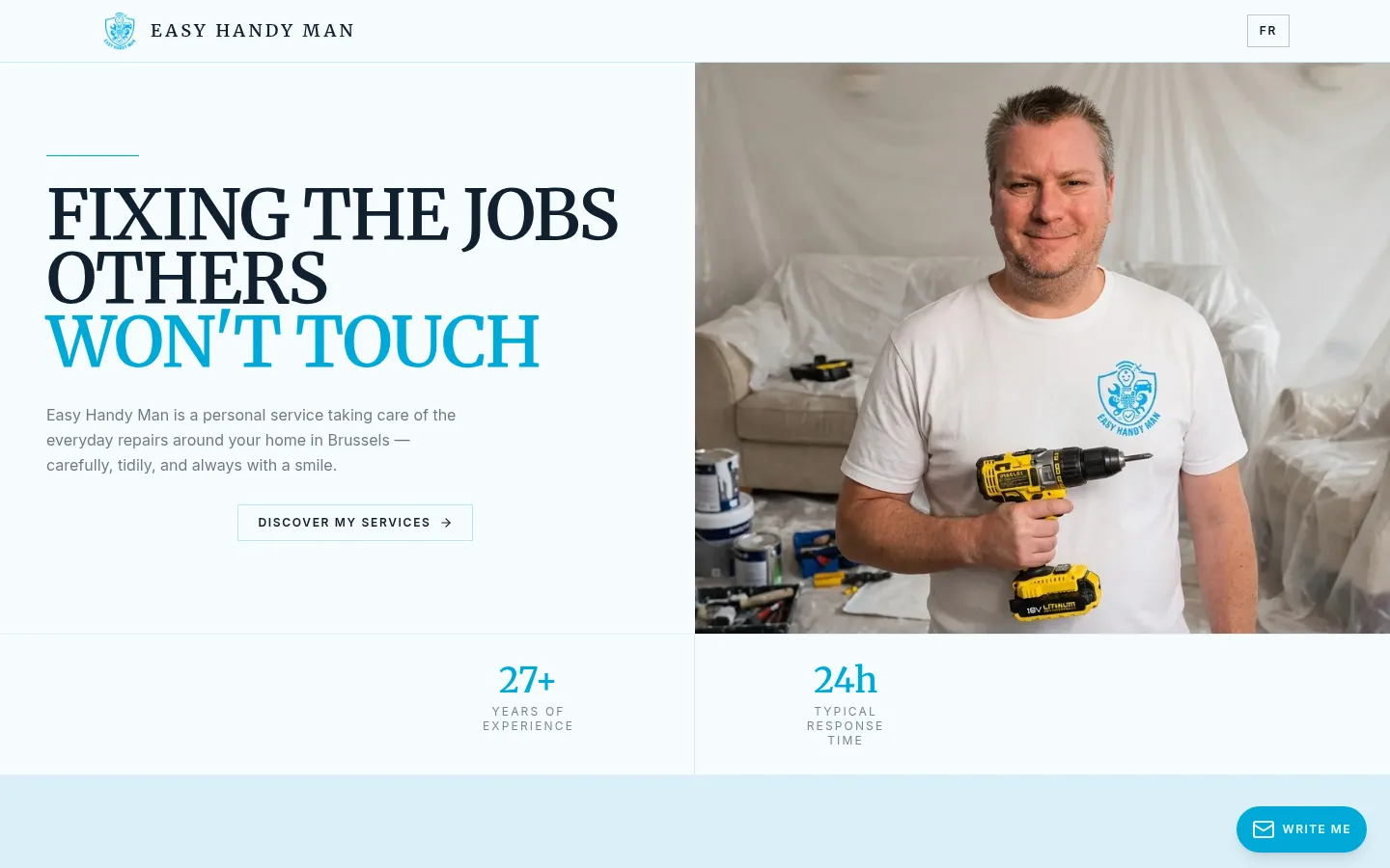 Screenshot of the easyhandyman.be homepage showing a handyman holding a drill